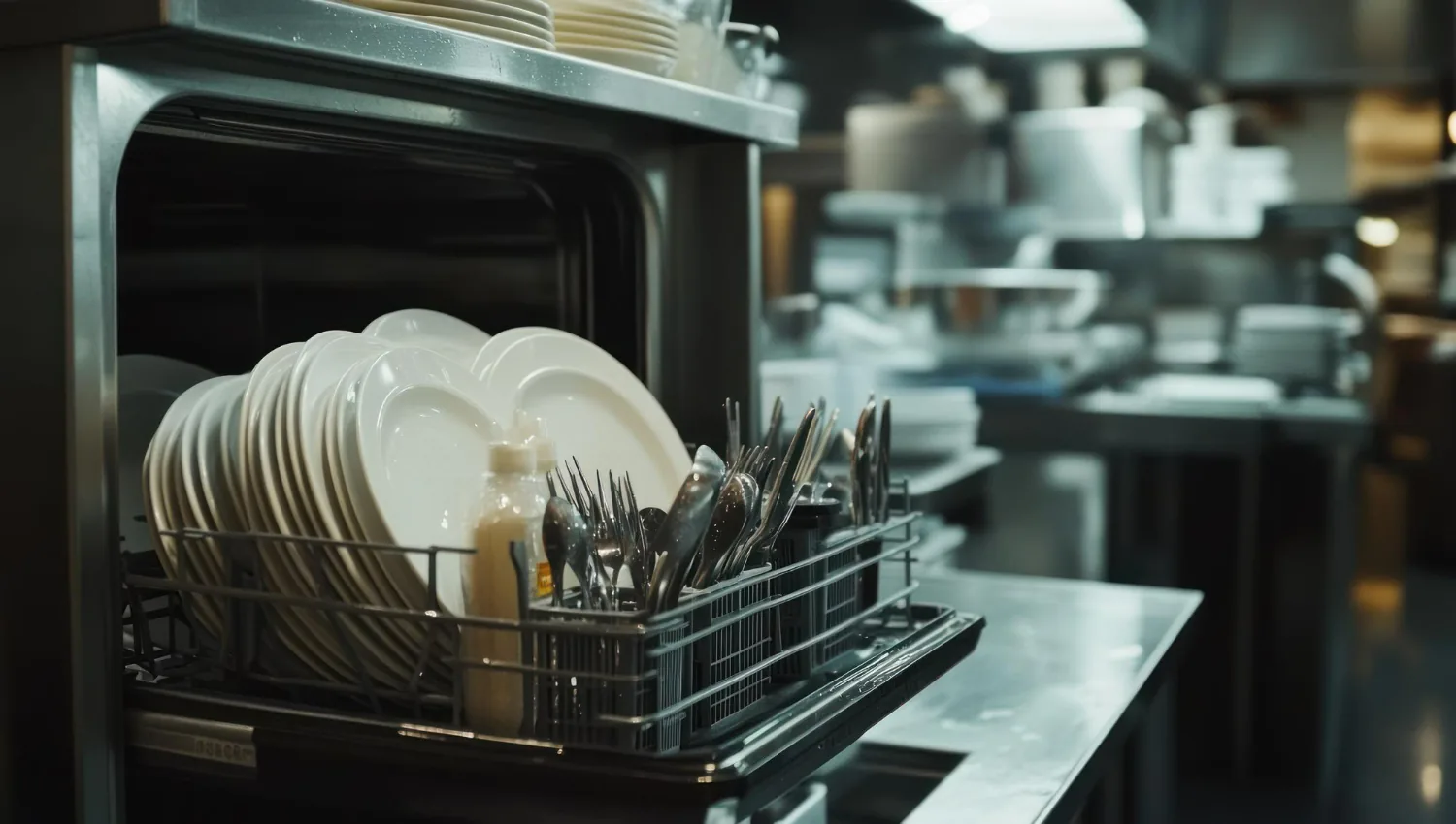 Commercial kitchen dishwashing station in a restaurant kitchen.