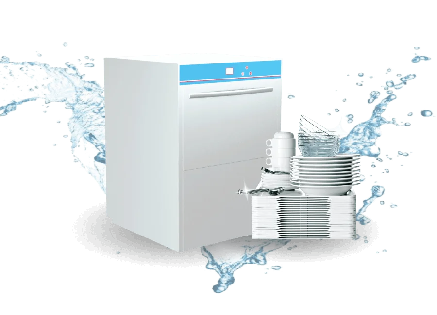EHS-T1 Under-counter Dishwasher with dishware and water splash