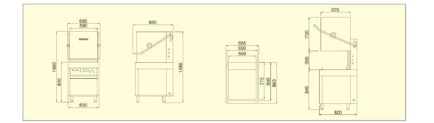 EHS-F1 Hood Type Dishwasher technical drawing with dimensions